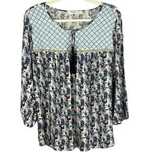 Solitaire Blue & White Floral Tie Front 3/4 Sleeve Bib Collar Blouse Size Large